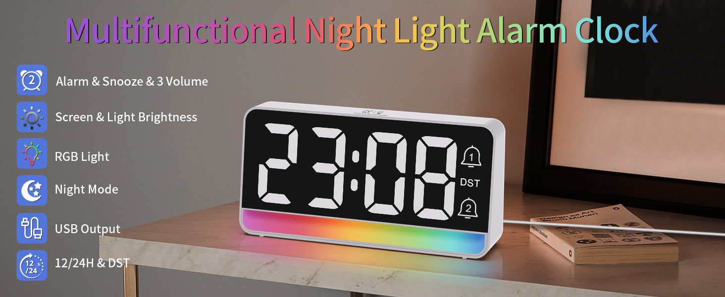 Multi-Color Nightlight Alarm Clock Adjustable Brightness & Display