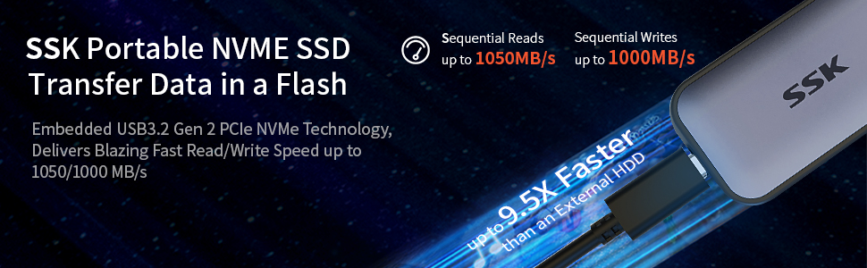 SSK 1TB Portable External NVME SSD,up to 1050MB/s Extreme USBC 3.2 Gen2 Solid State Drive