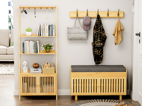 Shoe Storage Bench, Bamboo Entryway Bench with 2 Doors & Padded Seat Cushion,