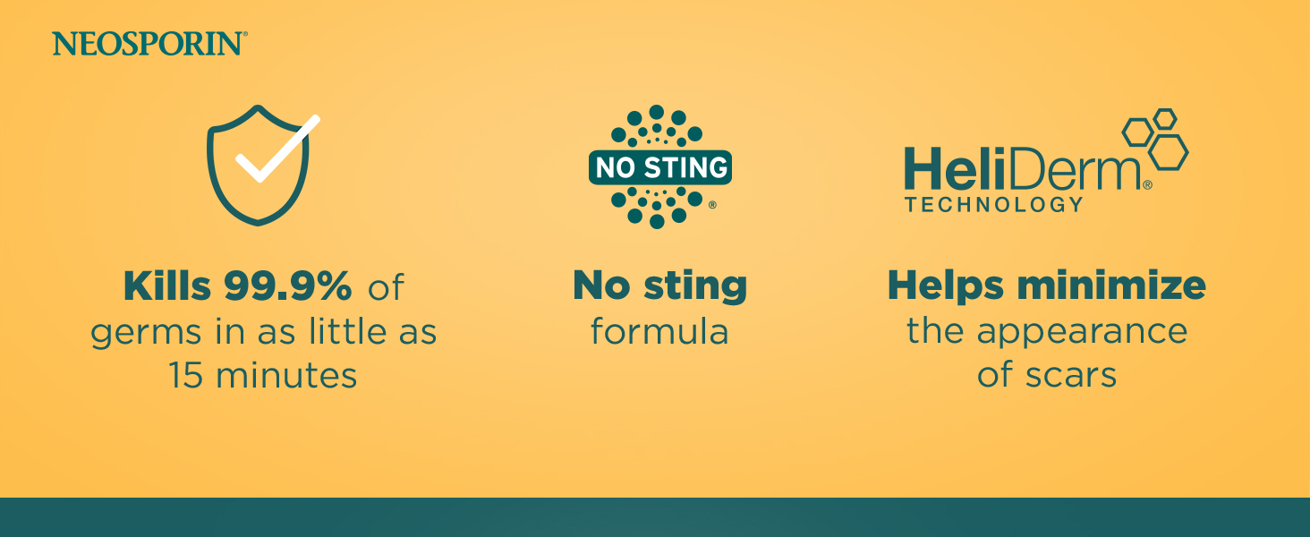 Kills 99.9% of germs in 15 minutes. No sting formula. Helps minimize the appearance of scars.