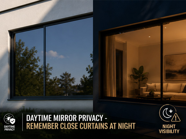 A window showing daytime mirror window film and clear night visibility.