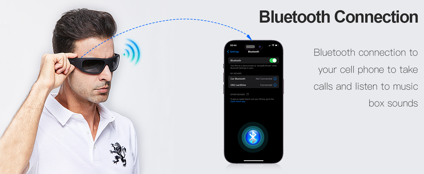 Bluetooth-enabled sunglasses connecting to smartphone. Image shows a person adjusting glasses and a phone screen displaying Bluetooth connection interface.