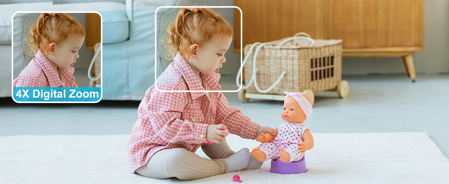Split-screen digital camera interface showing 2x zoom comparison, with a playing area and storage basket visible in background.