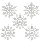 Naler Plastic Snowflake Ornaments, 24pcs White Glitter Snowflake Ornaments with Hanging String fo...