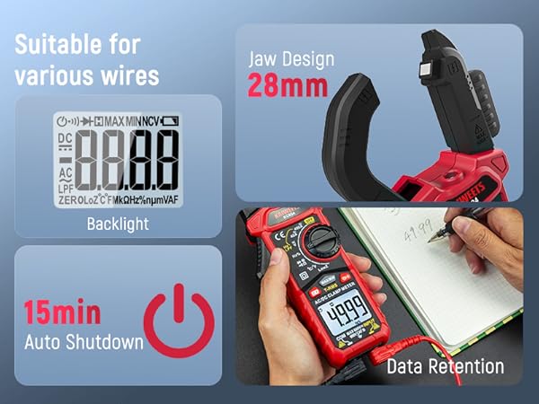 Digital clamp meter with 28mm jaw, backlit display, 15-minute auto-shutdown, and data retention. Suitable for various wires, shown in use.