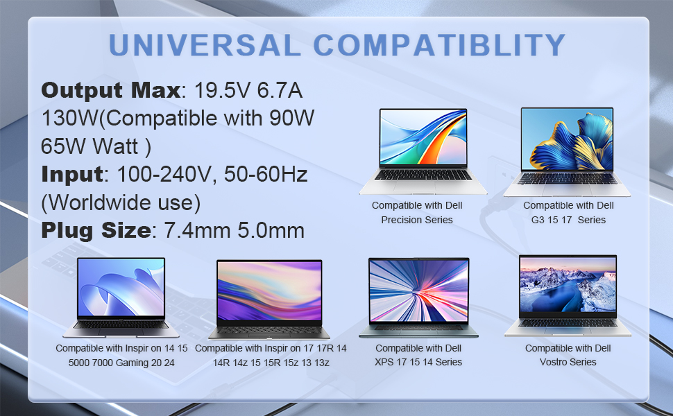 Text reads 'UNIVERSAL COMPATIBILITY', 'Output Max: 19.5V 6.7A', 'Input: 100-240V, 50-60Hz', 'Plug Size: 7.4mm*5.0mm'. Shows laptop charger compatibility icons.