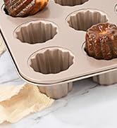 LIFVCNT 12-Cavity Canele Mold, Non-Stick Carbon Steel Baking Cake Pan, Dishwasher Safe, Gold