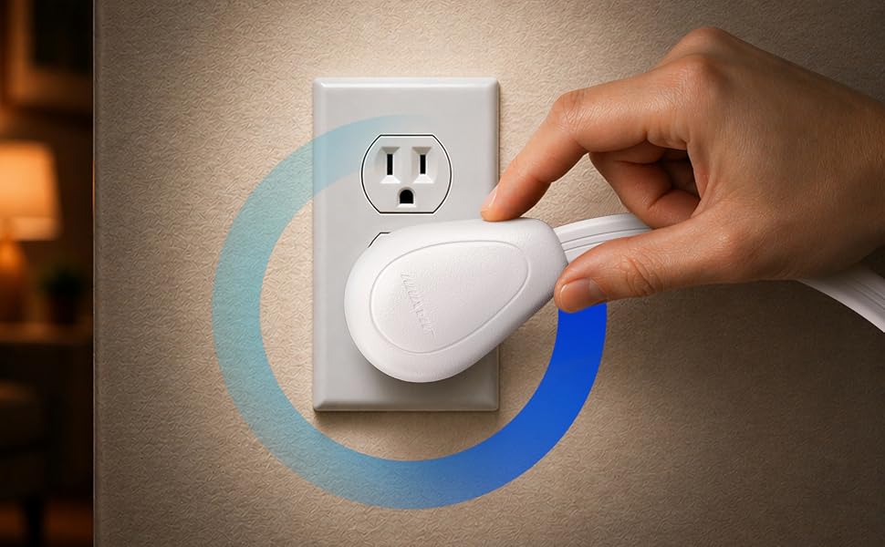 Maximm 360 rotating flat plug extension cord plugged into a wall outlet.