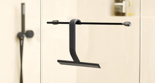 black shower wiper with built in hanging hook no drill frameless glass enclosure storage solution