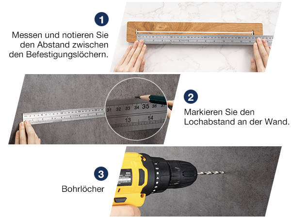 Close-up demonstration of marking and drilling process on wall surface, showing power drill and measurement markings