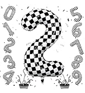 40 Inch 2nd Birthday Number Balloon, Checkered Foil Self Inflating 2 Balloons Decor, Big Black an...