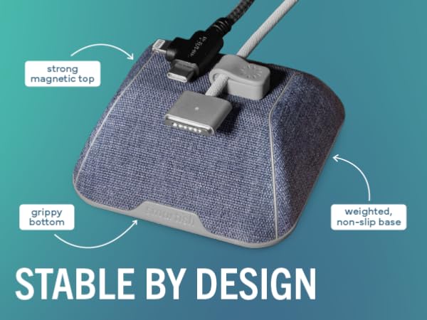 Cable Wrangler weighted base non-slip rubber bottom stays put on desk without adhesives or tape