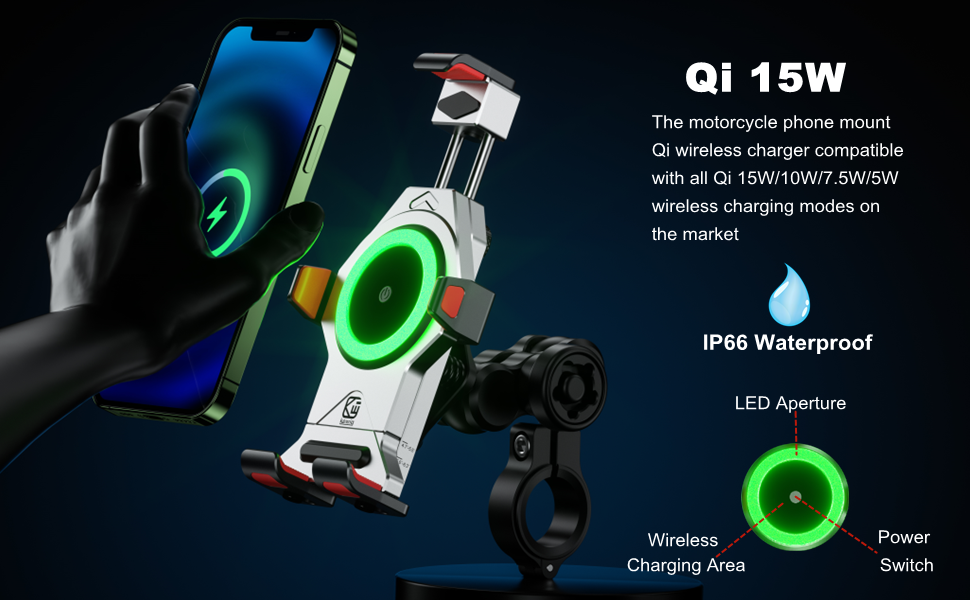 Aluminum alloy motorcycle phone mount with Qi wireless charger