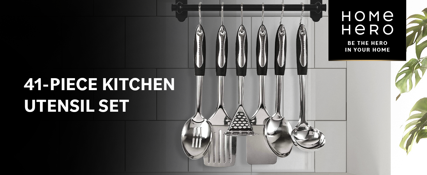 high-quality stainless steel & silicone kitchen utensils set on kitchen hooks