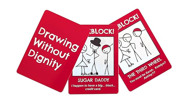 Red cards with stick figure artwork
