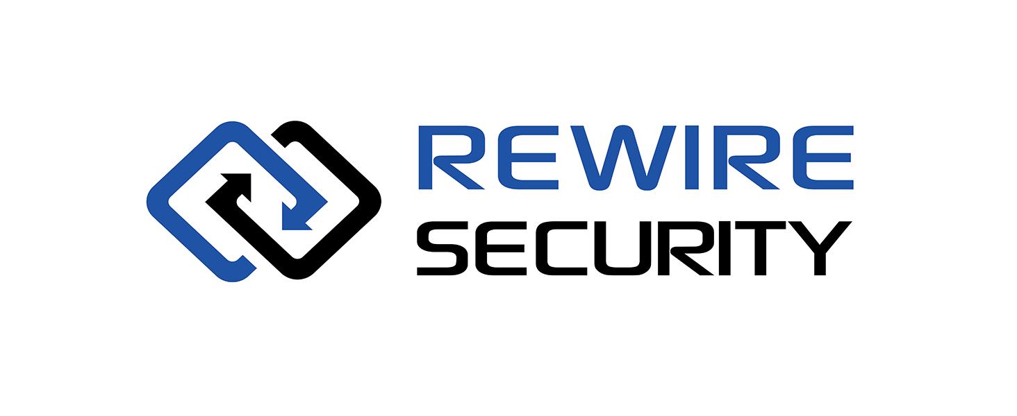 Text reads 'REWIRE SECURITY' with corporate logo. Blue and white professional branding design.