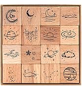 RISYPISY 16PCS Moon Wood Rubber Stamps, Vintage Decorative Wooden Stamp for Crafts, Scrapbooks, J...