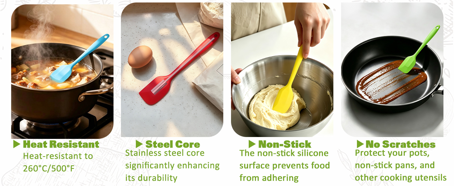 heat resistant, steel core, nonstick, no scratches