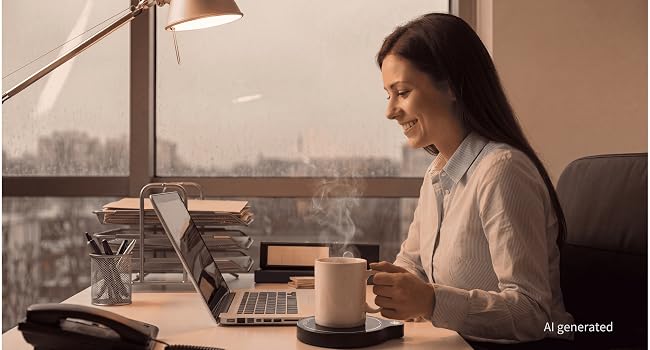 Happy person drinking hot coffee from mug on ZenthermoRui warmer at office desk with steam