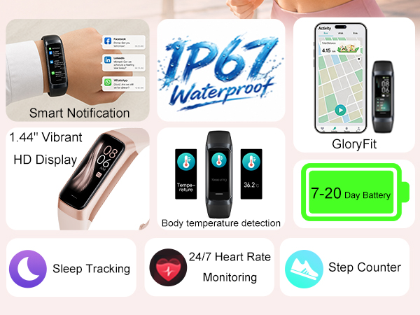 Fitness tracker with heart rate, sleep, steps, notifications and waterproof design