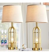 SRJJA Gold Table Lamps for Living Room Set of 2 - Farmhouse Lamps for Night Stands with USB A+C, ...