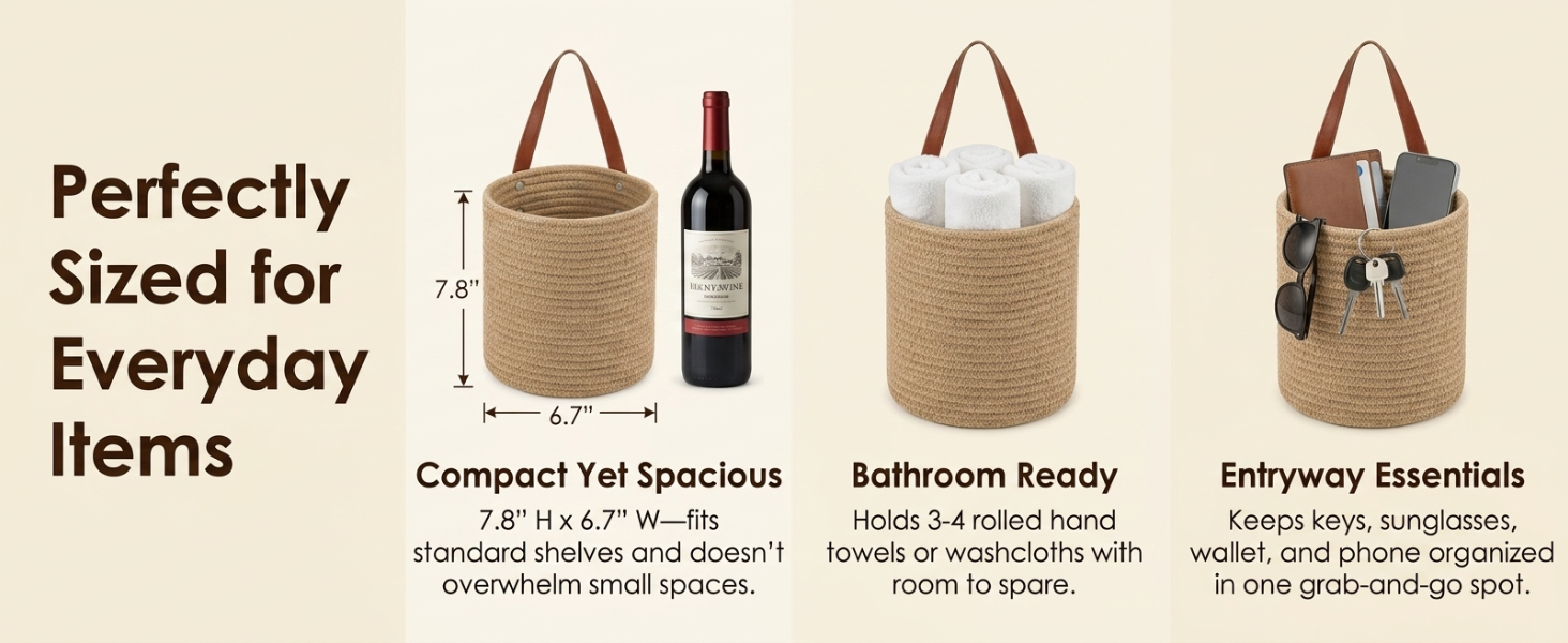 Woven wall basket displaying compact size and storage capacity for towels and daily essentials.