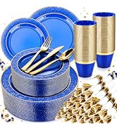 350PCS Clear Blue Plastic Plates for 50 Guests, Disposable Dinnerware Set for Party and Graduatio...
