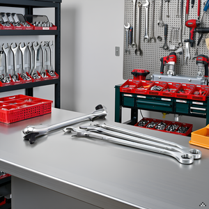A workbench with various tools and components neatly organized around the product.