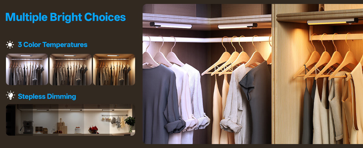 Text reads 'Multiple Bright Choices'. Series of wardrobe interior shots showing illuminated clothing racks and storage solutions.