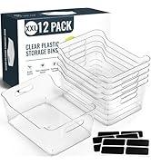 12 PACK Multi-Use Clear Plastic Storage Bins for Organizing w/ Labels - Home, Kitchen, Pantry, Ba...