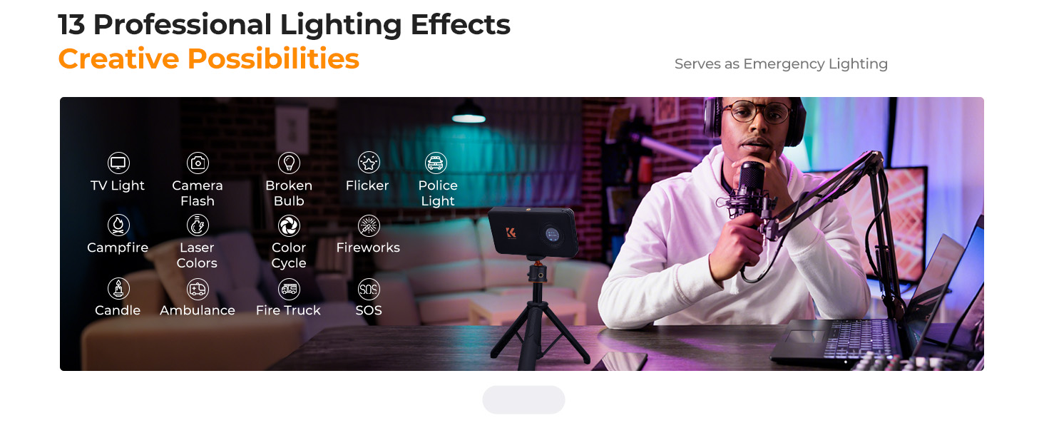 Text reads: '13 Professional Lighting Effects', 'Creative Possibilities'. Images showing various colored lighting effects and setups.