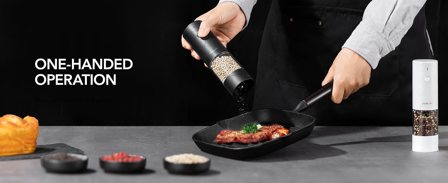 FORLIM electric grinder used one-handed while seasoning steak in a pan
