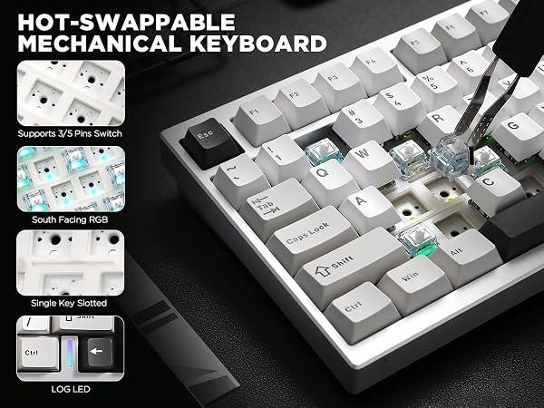 Mechanical keyboard with hot-swappable keys. Features include customizable keycaps, RGB lighting, and multiple switch options shown in separate panels.