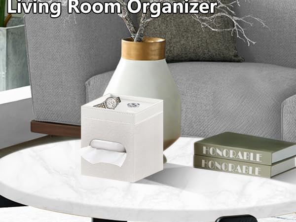 Tissue Box Cover Square, PU Leather Tissue Cube Box Holder with Storage Valet Tray