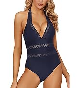 PHELRENA Women’s Slimming One Piece Swimsuits, Hollow Out Lace, Sexy Deep V, Open Back Swimwear