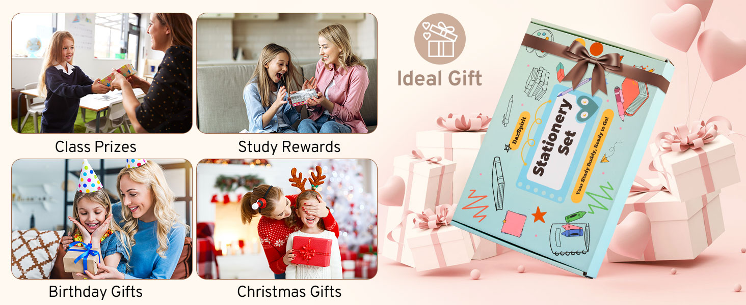 Collage of gift-giving scenarios: classroom prizes, study rewards, birthday gifts, and Christmas presents. Features a teal gift box labeled 'Ideal Gift' with school supplies design.