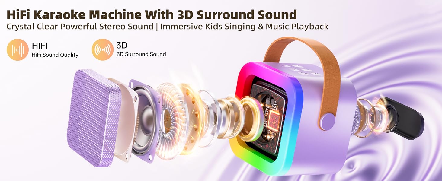 Kids Karaoke Machine for Ages 3-12, Portable Bluetooth Speaker with Two Wireless Microphones