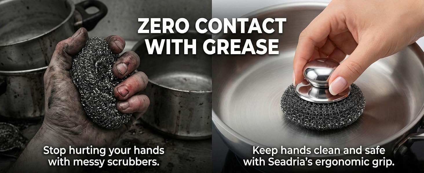 Ergonomic stainless steel scouring pad that protects hands from grease.
