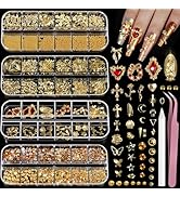 Teenitor Gold Nail Charms and Gems Set, 4 Boxes Nail Gems Nail Pearls Nail Art Tools, 3D Cross Na...