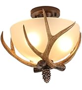 DEIGEHJRE Antler Glass Chandelier,Retro Rural Style Antler Chandeliers Ceiling Pendant Light,Semi...