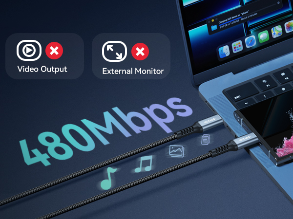 Close-up of a laptop screen showing interface icons and '480Mbps' text. USB cable connected, suggesting high-speed data transfer or connectivity feature.