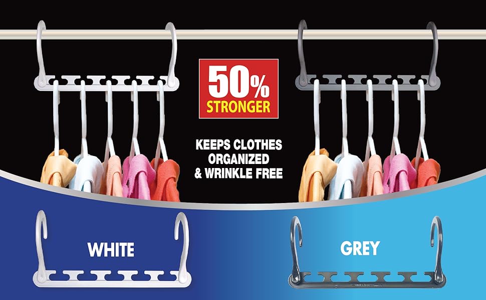 White and grey Wonder Hanger Max hangers with colorful polo shirts hanging with both hooks on rod.