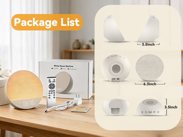 White noise machine unboxing box items including a 3-zone remote and multi-angle dimension view.