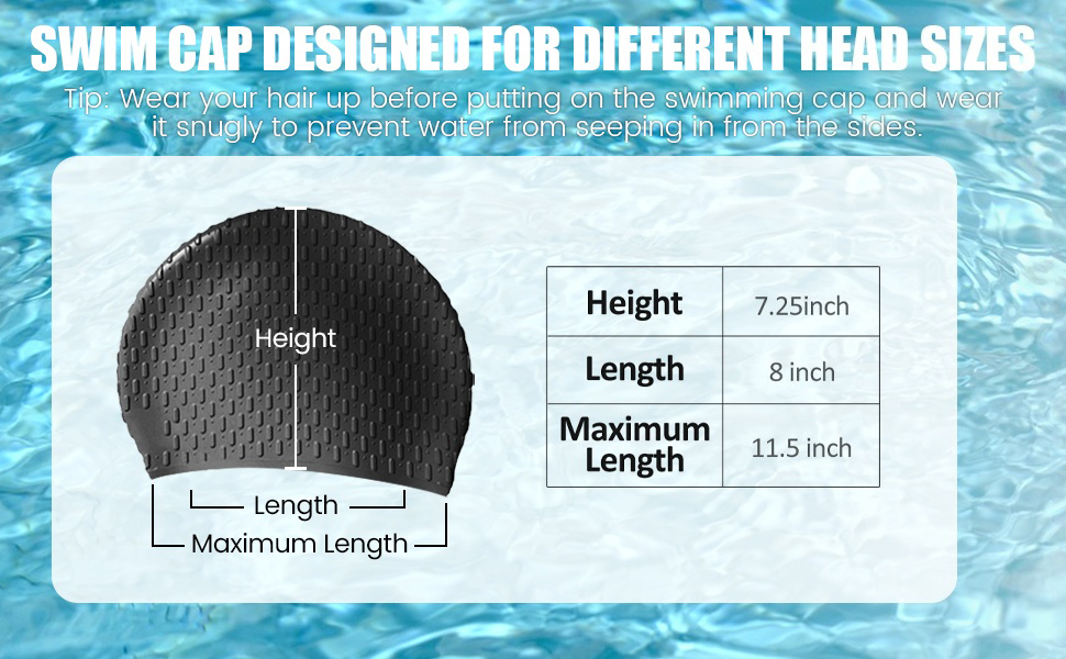 Size chart of silicone swim cap showing height, length, and stretch fit with wearing tips
