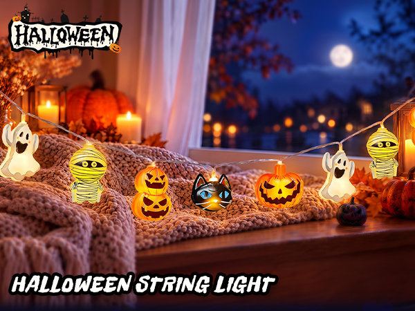 Halloween string lights with pumpkin ghost mummy and cat decorations