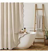 MIULEE Linen Scalloped Shower Curtain with 12 Metal Hooks Boho Farmhouse Cute Heavy Duty Washable...
