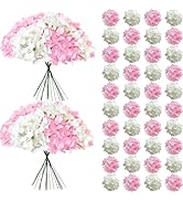 Cherica 50 Pcs Faux White Pink Hydrangea Artificial Flowers Bulk, Fake Silk Hydrangea Flowers Hea...