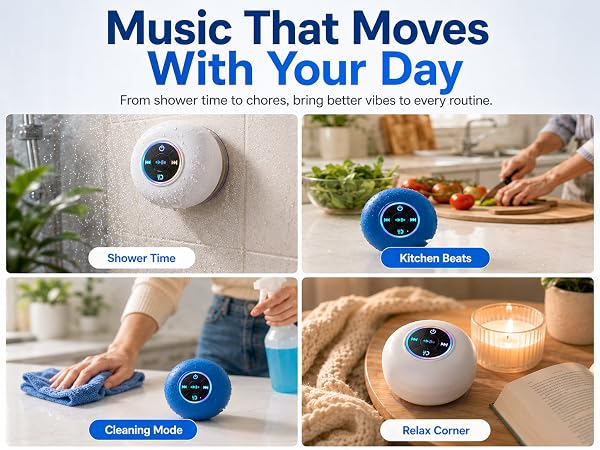 Bluetooth shower speaker shown in everyday scenes including shower time, kitchen, cleaning