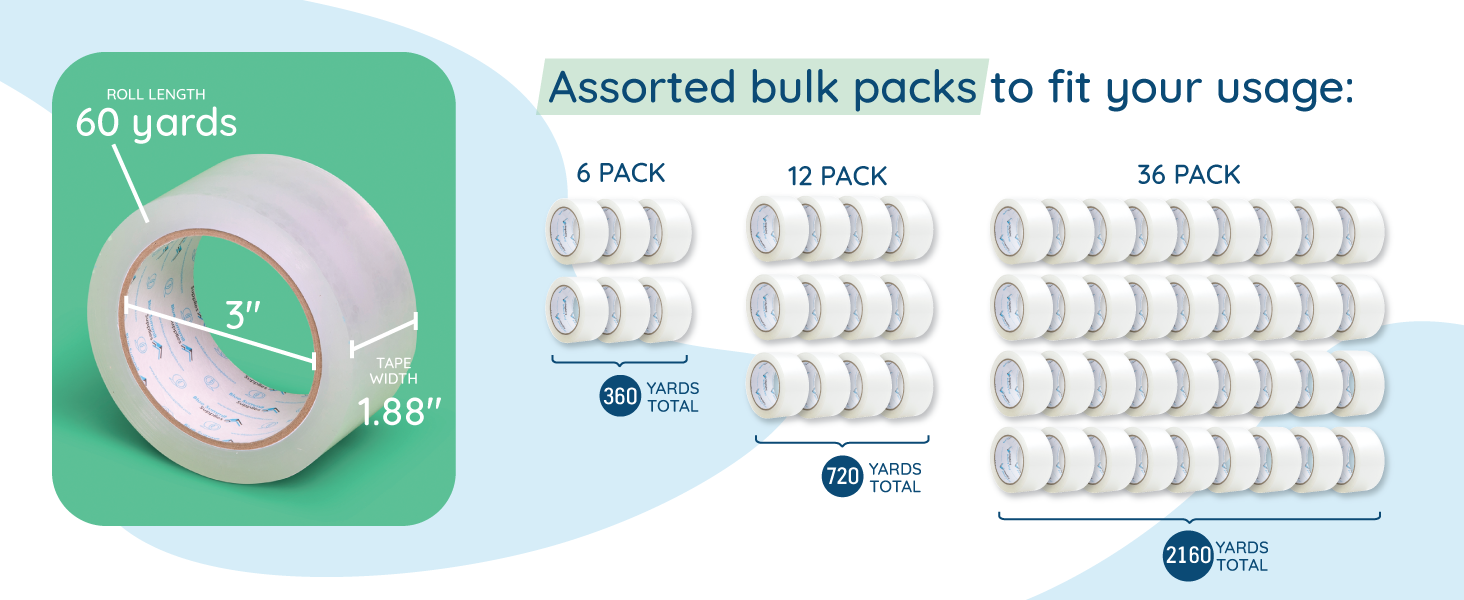 Packing tape bulk pack, 6 pack, 12 pack, 36 pack
