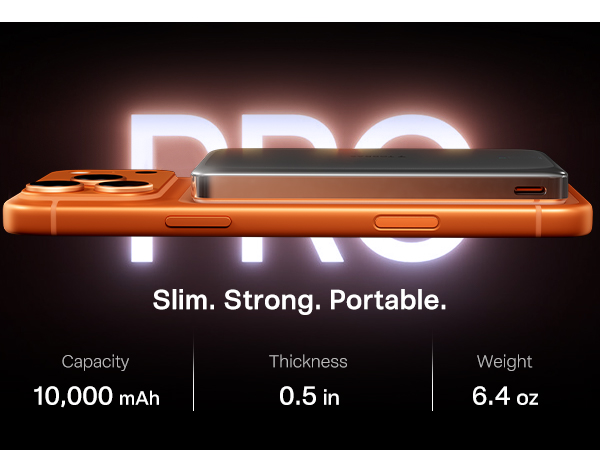 Portable charger showing 10000mAh capacity 0.57 inch body and 6.9 oz weight
